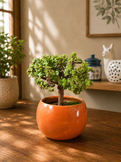 4-Year-Old Mini Jade Topiary Bonsai Plant (Portulacaria afra) in Round Ceramic Pot