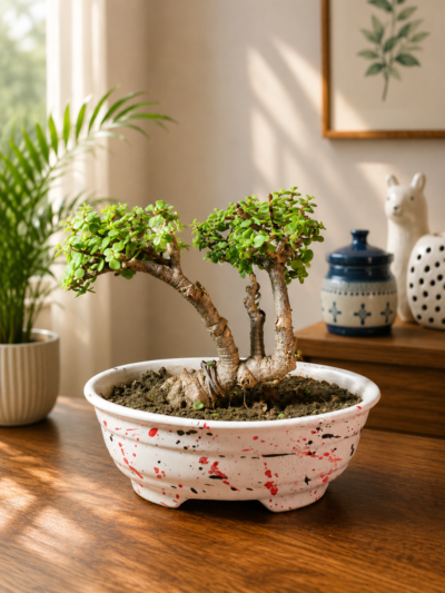 7-Year-Old Twin Trunk Jade Bonsai Plant (Portulacaria afra) in Premium Ceramic Bonsai Pot
