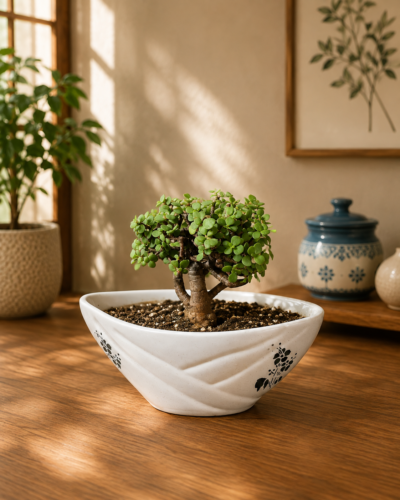4-Year-Old Compact Jade Topiary Bonsai Plant (Portulacaria afra) in Premium White Ceramic Bonsai Pot