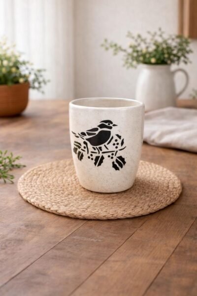 Premium White Ceramic Planter Pot with Hand-Painted Bird Design