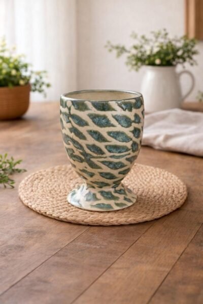 Premium Handcrafted Ceramic Planter Pot with Green Abstract Pattern