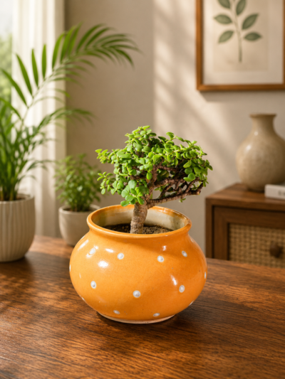 3-Year-Old Mini Jade Topiary Bonsai Plant (Portulacaria afra) in Decorative Ceramic Pot