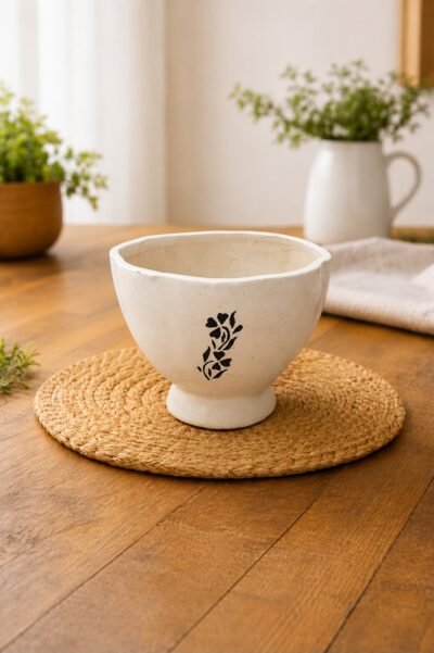 Premium White Ceramic Pedestal Planter Pot with Minimal Floral Design