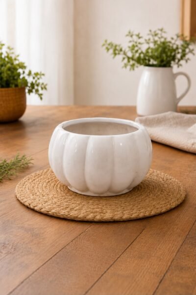 Premium White Ribbed Ceramic Planter Pot