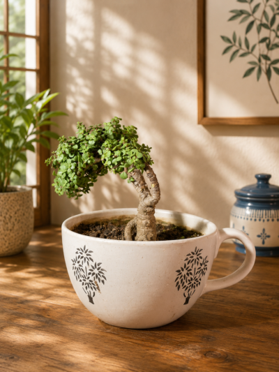 8-Year-Old Cascading Jade Topiary Bonsai Plant (Portulacaria afra) in Designer Ceramic Cup Pot