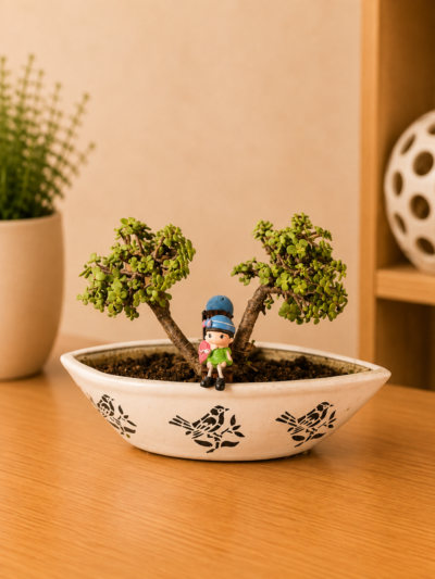 5-Year-Old Twin Trunk Jade Bonsai Plant (Portulacaria afra) in Decorative Oval Ceramic Pot