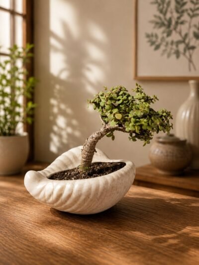 4-Year-Old Windswept Jade Topiary Bonsai Plant (Portulacaria afra) in Designer Ceramic Bonsai Pot