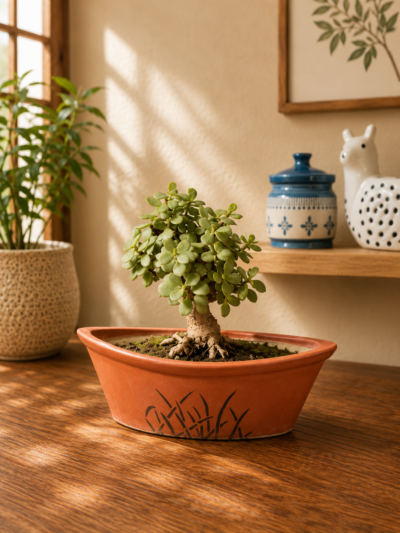 5-Year-Old Ginseng Jade Bonsai Plant (Portulacaria afra) in Decorative Ceramic Bonsai Pot