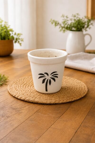 Premium White Ceramic Planter Pot with Palm Tree Design