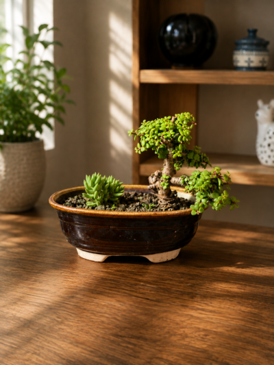 6-Year-Old Cascade Jade Bonsai Plant (Portulacaria afra) in Premium Oval Ceramic Pot