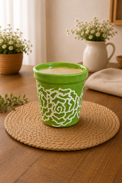 Green Ceramic Planter Pot with White Floral Pattern