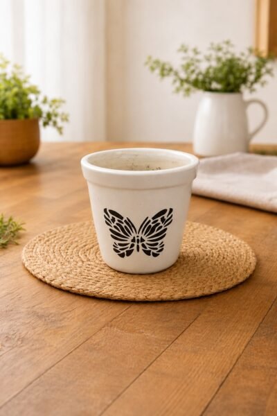 Premium White Ceramic Planter Pot with Butterfly Design