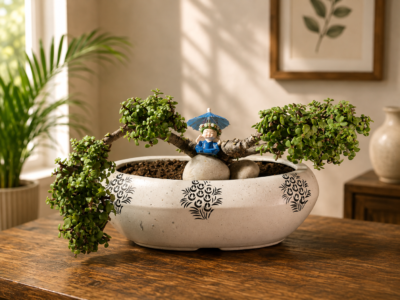 7-Year-Old Cascade Twin Jade Bonsai Plant (Portulacaria afra) in Premium Oval Ceramic Pot