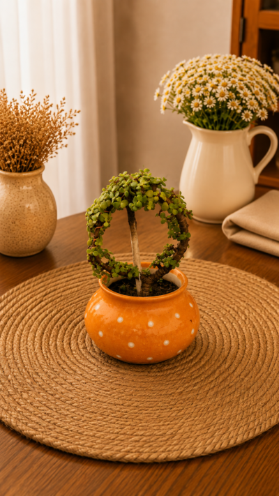 Jade Topiary Plant (Portulacaria afra) in Hand-Painted Ceramic Pot