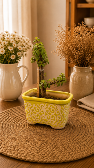 Jade Topiary Plant (Portulacaria afra) in Decorative Ceramic Planter
