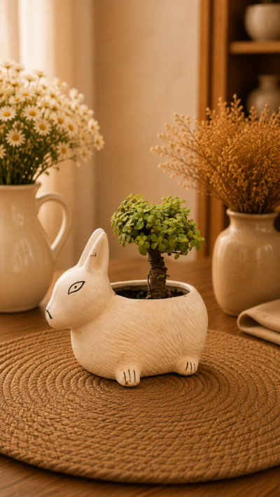 Jade Topiary Plant (Portulacaria afra) in Cute Deer Ceramic Planter