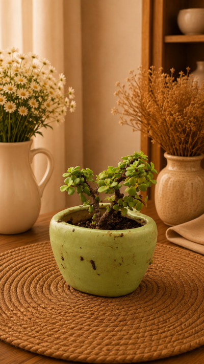 Jade Topiary Plant (Portulacaria afra) in Decorative Ceramic Pot