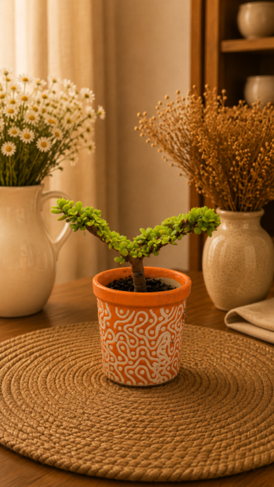 Windswept Jade Topiary Plant (Portulacaria afra) in Hand-Painted Ceramic Pot