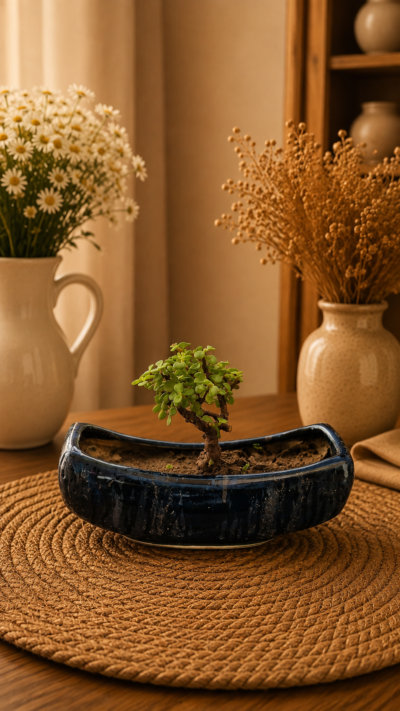 Jade Topiary Plant (Portulacaria afra) in Glossy Ceramic Bonsai Pot