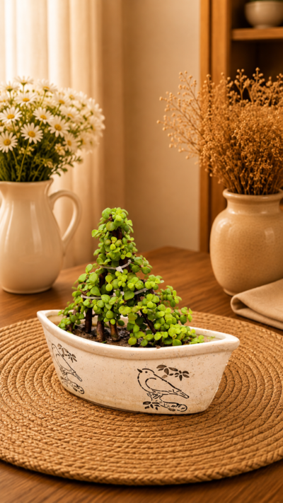 Jade Topiary Plant (Portulacaria afra) in Decorative Ceramic Planter