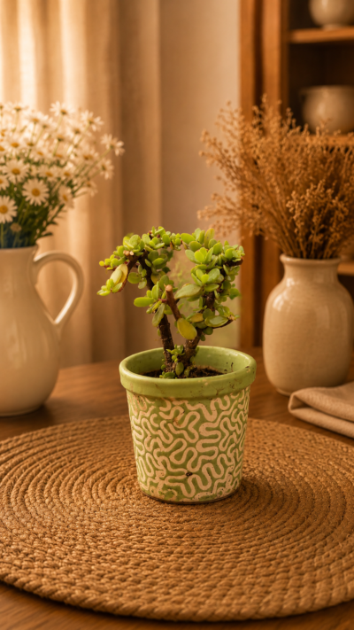 Jade Topiary Plant (Portulacaria afra) in Decorative Ceramic Pot