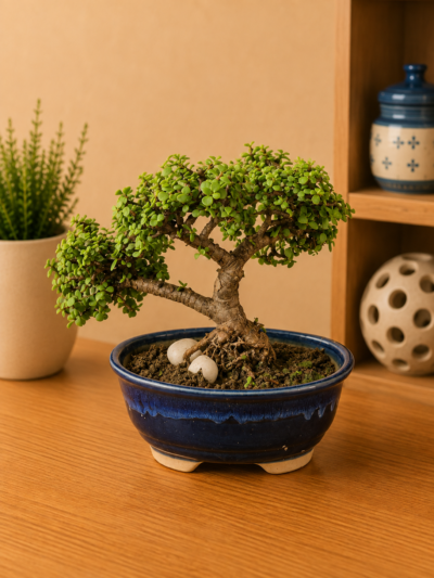 7-Year-Old Twin Canopy Jade Bonsai Plant (Portulacaria afra) in Premium Blue Ceramic Pot