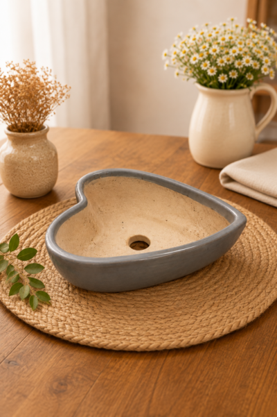 Grey Ceramic Heart-Shaped Planter Pot with Drainage Hole