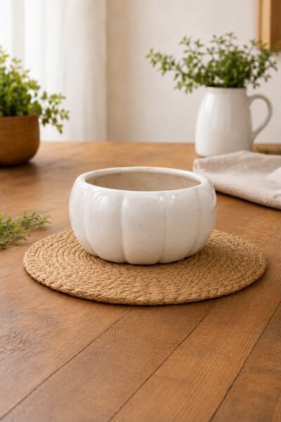 Premium White Ribbed Ceramic Bowl Planter Pot