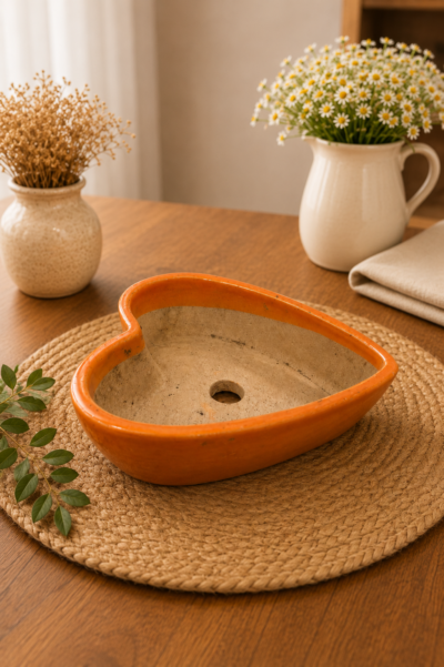 Orange Ceramic Heart-Shaped Planter Pot with Drainage Hole