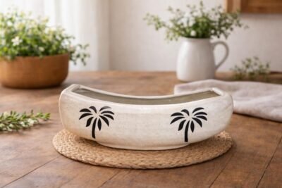 Premium White Ceramic Rectangular Planter with Palm Tree Design