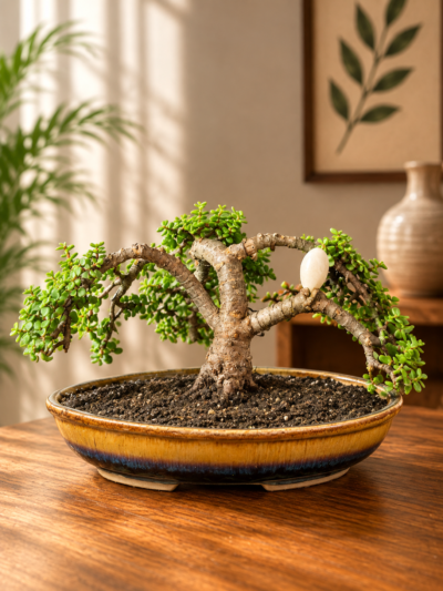 8-Year-Old Forest Style Jade Topiary Bonsai Plant (Portulacaria afra) in Large Ceramic Bonsai Pot