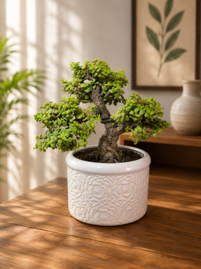 7-Year-Old Premium Jade Topiary Bonsai Plant (Portulacaria afra) in Designer Ceramic Pot