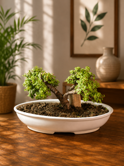 6-Year-Old Twin Trunk Jade Topiary Bonsai Plant (Portulacaria afra) in Large Ceramic Bonsai Pot